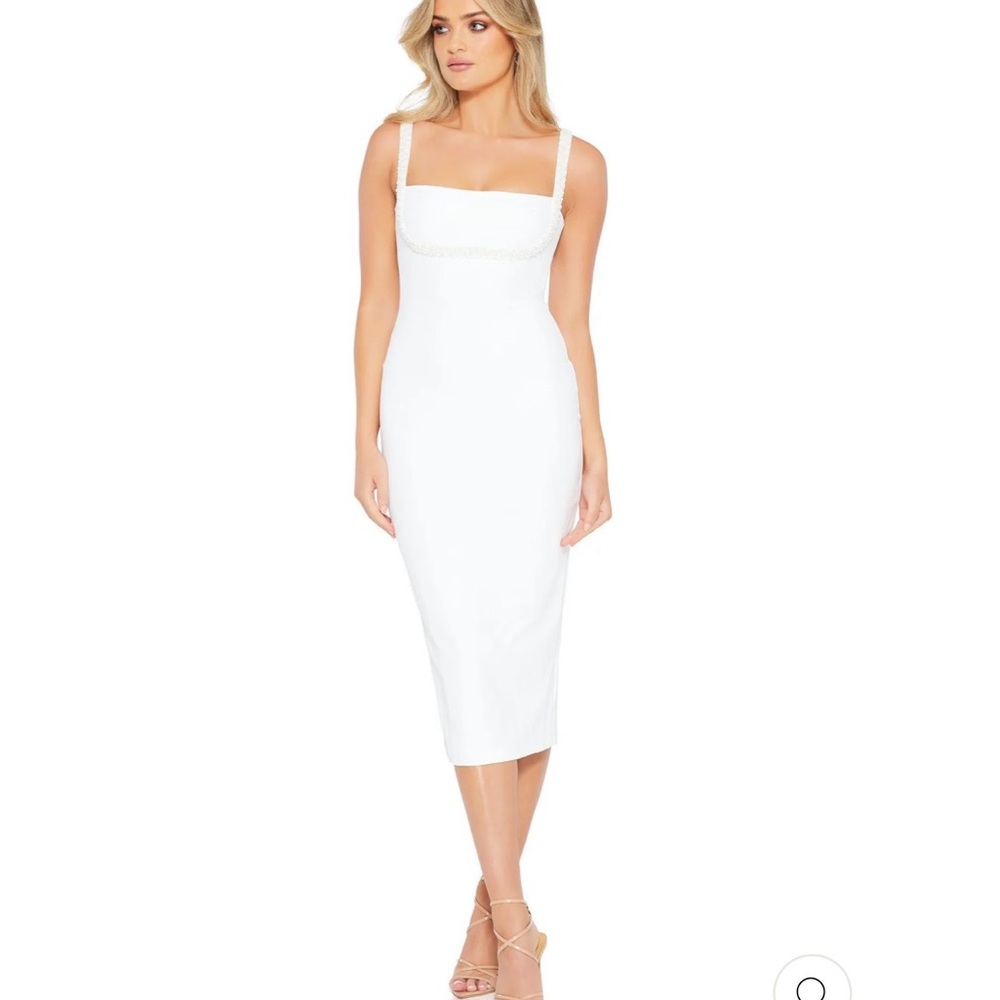 NWOT Nookie White Nouveau Midi Dress with Beaded Trim